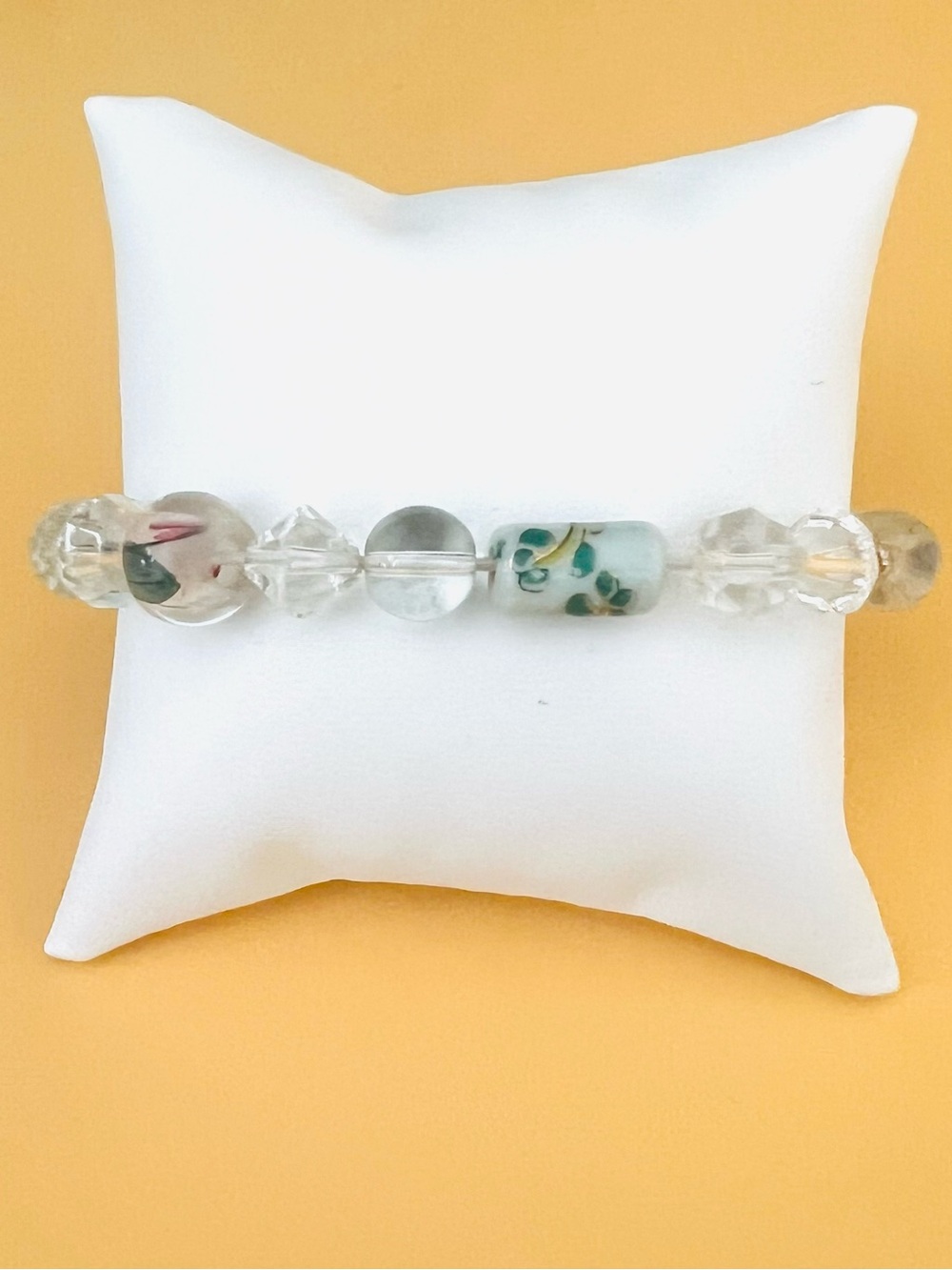 Clear crystals Beaded Stretch Bracelet with Floral porcelain Accent